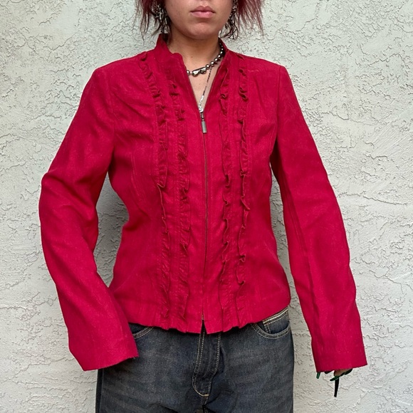 Y2k Red Velvet Zip Up Ruffle Long Sleeve Top or Jacket - Picture 2 of 10